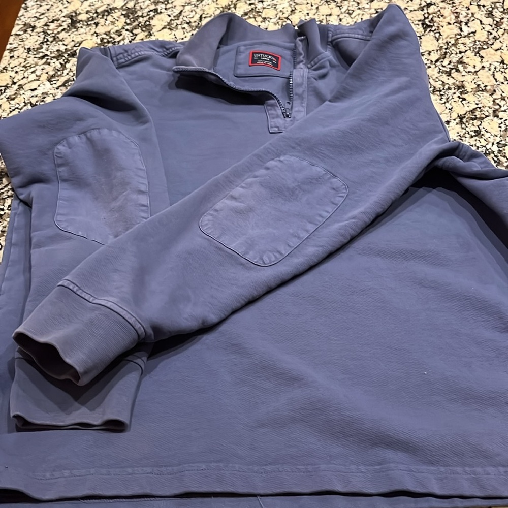 UNTUCKit Mens Sweater Mock Neck Blue Elbow Patches 1/4 Zip Pullover Size Large.